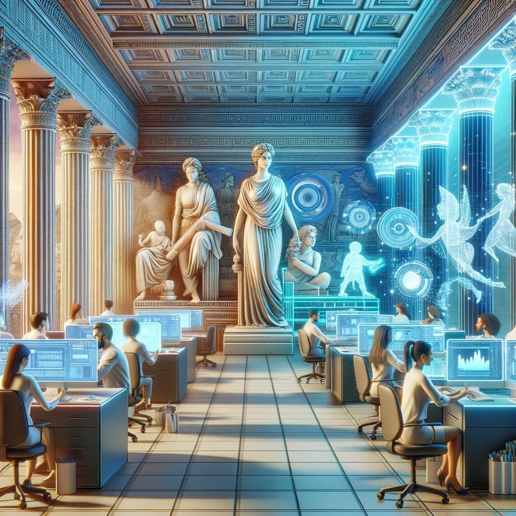 DALL·E 2023-11-25 16.19.15 - An illustration representing the digitalization of a business in a realistic yet futuristic ancient Greek style. The scene shows a modern office with